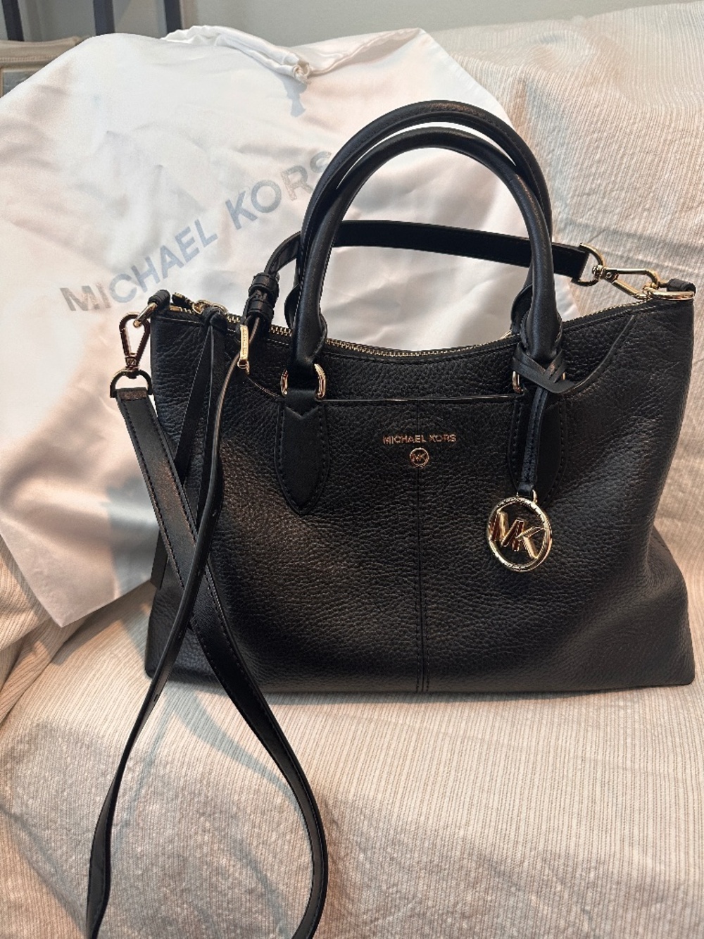 Michael Kors Bedford Legacy Medium Pebbled Leather Satchel Black Crossbody Dust